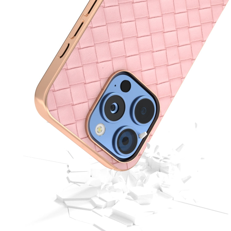 For iPhone 16 Pro Electroplated Frame Woven Texture PU Phone Case(Pink) - iPhone 16 Pro Cases by buy2fix | Online Shopping UK | buy2fix