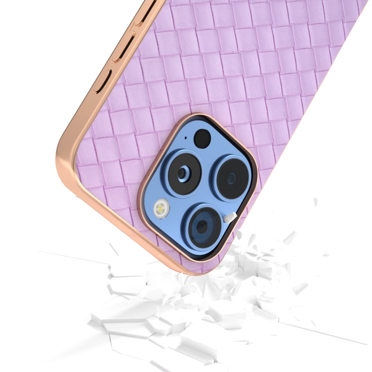 For iPhone 16 Pro Electroplated Frame Woven Texture PU Phone Case(Purple) - iPhone 16 Pro Cases by buy2fix | Online Shopping UK | buy2fix