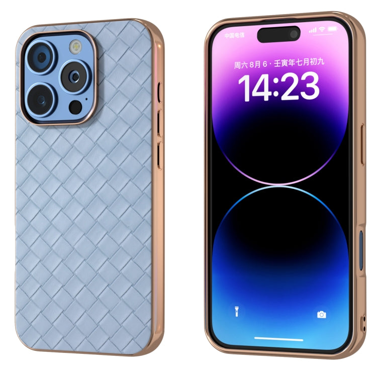 For iPhone 16 Pro Max Electroplated Frame Woven Texture PU Phone Case(Light Blue) - iPhone 16 Pro Max Cases by buy2fix | Online Shopping UK | buy2fix