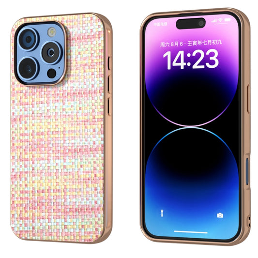 For iPhone 16 Pro Electroplated Frame Color Lattice Texture PU Phone Case(Pink) - iPhone 16 Pro Cases by buy2fix | Online Shopping UK | buy2fix