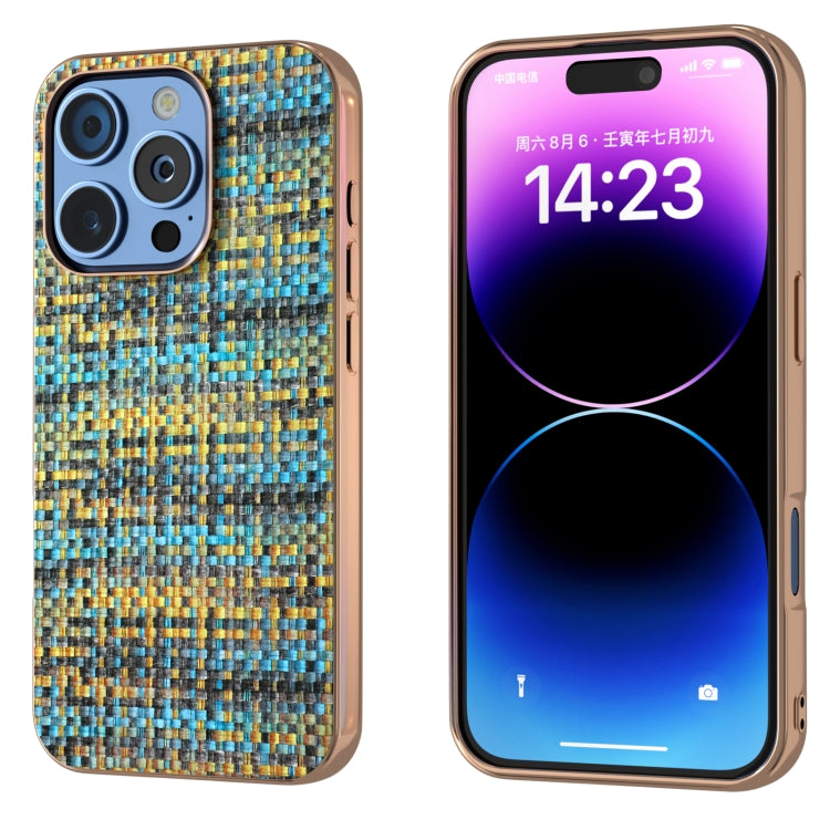 For iPhone 16 Pro Electroplated Frame Color Lattice Texture PU Phone Case(Gold) - iPhone 16 Pro Cases by buy2fix | Online Shopping UK | buy2fix