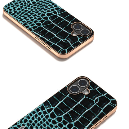 For iPhone 16 ABEEL Electroplated Frame Genuine Leather Crocodile Pattern Phone Case(Blue) - iPhone 16 Cases by buy2fix | Online Shopping UK | buy2fix