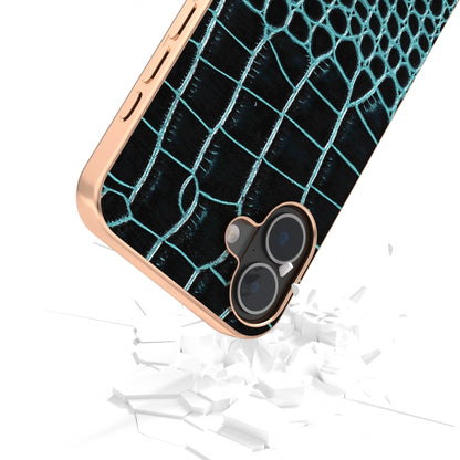 For iPhone 16 ABEEL Electroplated Frame Genuine Leather Crocodile Pattern Phone Case(Blue) - iPhone 16 Cases by buy2fix | Online Shopping UK | buy2fix