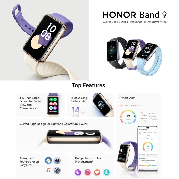 Honor Band 9, 1.57 inch AMOLED Screen, Support Heart Rate / Blood Oxygen / Sleep Monitoring, Standard Version(Purple) - Wearable Devices by Huawei | Online Shopping UK | buy2fix