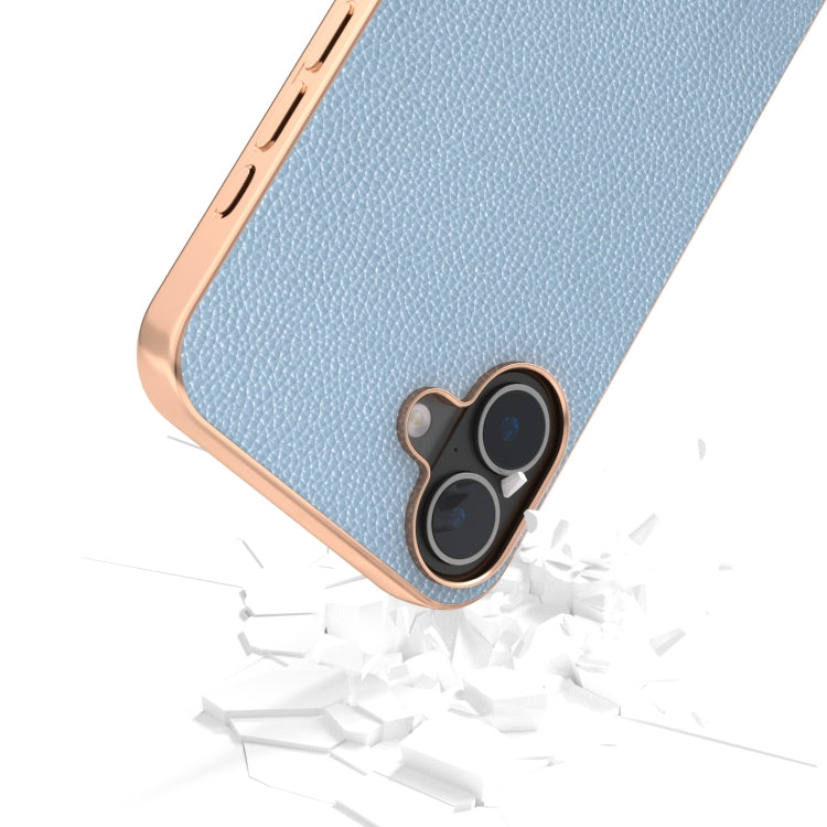 For iPhone 16 Plus ABEEL Genuine Leather Mino Series Nano Plating Phone Case(Blue) - iPhone 16 Plus Cases by buy2fix | Online Shopping UK | buy2fix