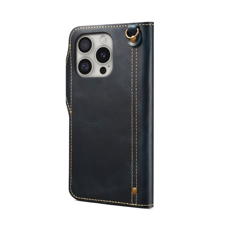 For iPhone 16 Pro Denior B01 Oil Wax Cowhide Magnetic Button Genuine Leather Case(Blue) - iPhone 16 Pro Cases by Denior | Online Shopping UK | buy2fix