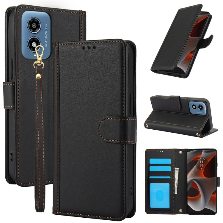 For Motorola Moto G Play 2024 Skin Feel Pure Color Card Slots Leather Phone Case with Dual Lanyard(Black) - Motorola Cases by buy2fix | Online Shopping UK | buy2fix