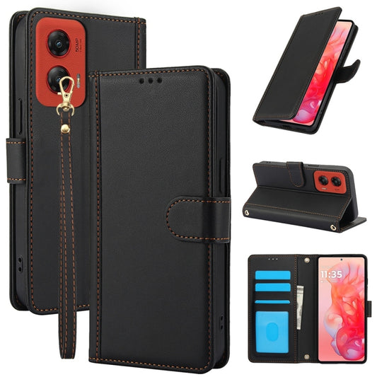 For Motorola Moto G Stylus 5G 2024 Skin Feel Pure Color Card Slots Leather Phone Case with Dual Lanyard(Black) - Motorola Cases by buy2fix | Online Shopping UK | buy2fix