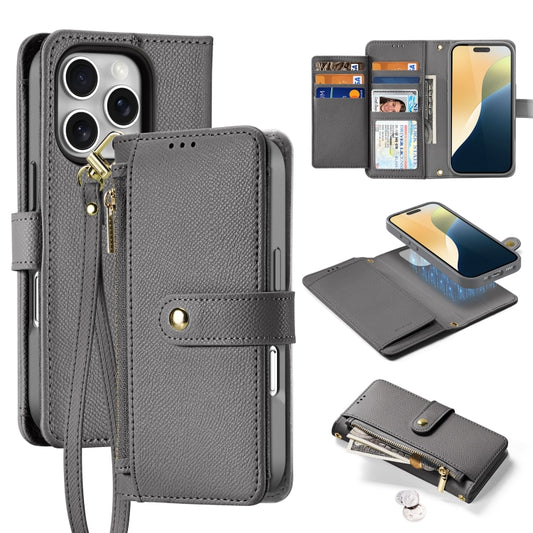 For iPhone 16 Pro DUX DUCIS Lawa Series Zipper Wallet Phone Case with Lanyard(Grey) - iPhone 16 Pro Cases by DUX DUCIS | Online Shopping UK | buy2fix