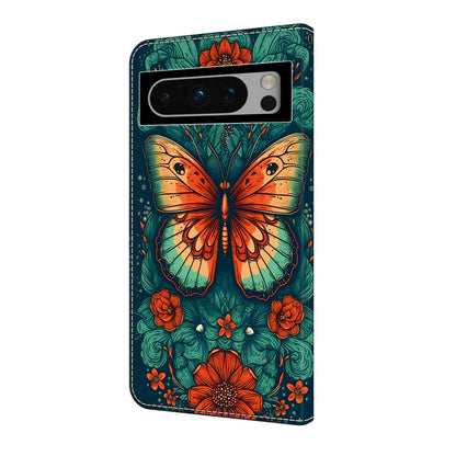 For Google Pixel 9 Pro XL Crystal Painted Leather Phone case(Flower Butterfly) - Google Cases by buy2fix | Online Shopping UK | buy2fix