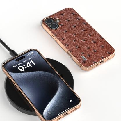 For iPhone 16 ABEEL Electroplating Frame Genuine Leather Ostrich Texture Phone Case(Coffee) - iPhone 16 Cases by buy2fix | Online Shopping UK | buy2fix