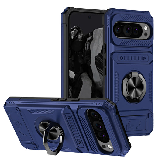 For Google Pixel 9 / 9 Pro TPU Hybrid PC Shockproof Card Phone Case with Metal Ring Holder(Blue) - Google Cases by buy2fix | Online Shopping UK | buy2fix