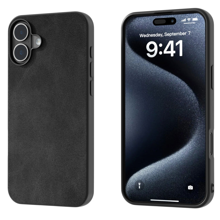 For iPhone 16 Plus Black Frame Two-color Calf Texture PU Phone Case(Black) - iPhone 16 Plus Cases by buy2fix | Online Shopping UK | buy2fix