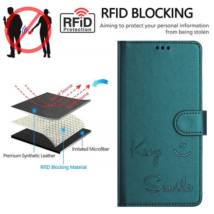 For iPhone 16 Plus Smile Embossing RFID Leather Phone Case(Peacock Green) - iPhone 16 Plus Cases by buy2fix | Online Shopping UK | buy2fix