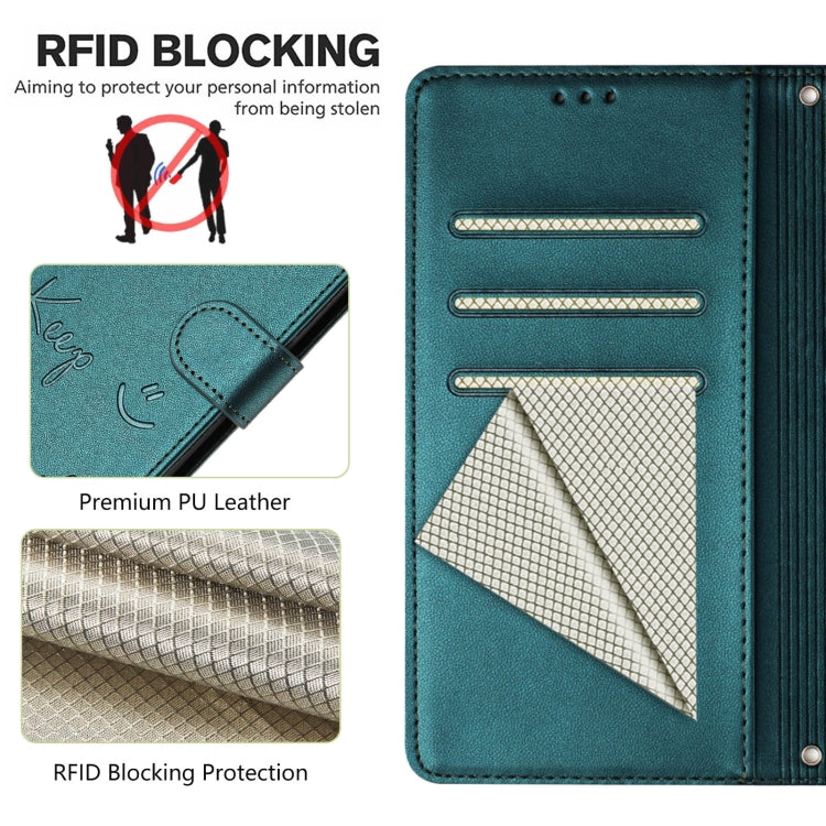 For Google Pixel 9 / Pixel 9 Pro Smile Embossing RFID Leather Phone Case(Peacock Green) - Google Cases by buy2fix | Online Shopping UK | buy2fix