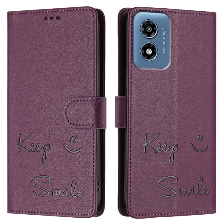 For Motorola Moto G Play 4G 2024 Global Smile Embossing RFID Leather Phone Case(Violet) - Motorola Cases by buy2fix | Online Shopping UK | buy2fix