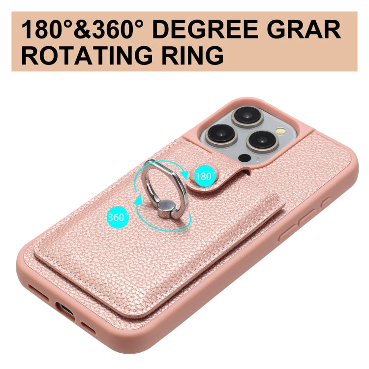 For iPhone 16 Pro Max Litchi Texture Drawing Card Bag Ring Holder Phone Case(Rose Gold) - iPhone 16 Pro Max Cases by buy2fix | Online Shopping UK | buy2fix