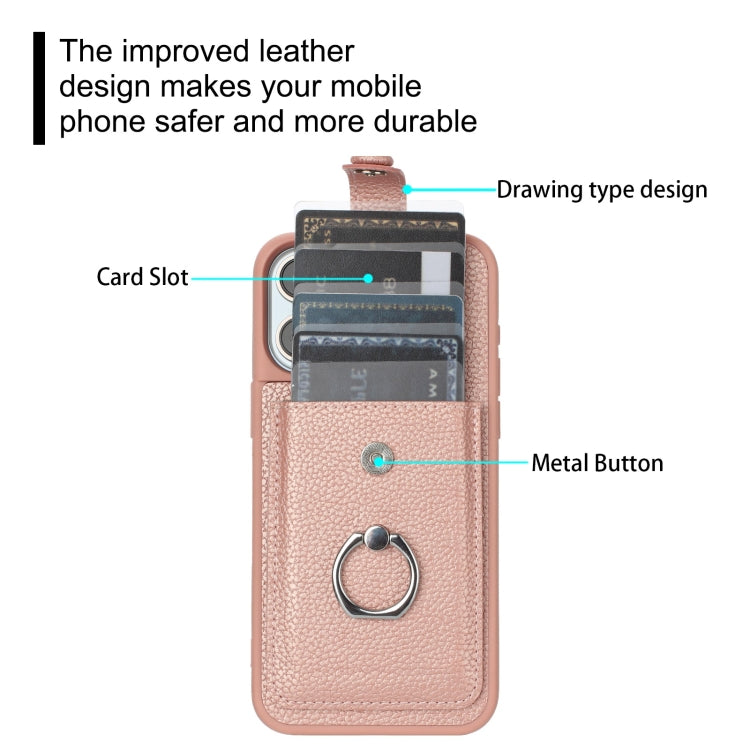 For iPhone 16 Pro Max Litchi Texture Drawing Card Bag Ring Holder Phone Case(Rose Gold) - iPhone 16 Pro Max Cases by buy2fix | Online Shopping UK | buy2fix