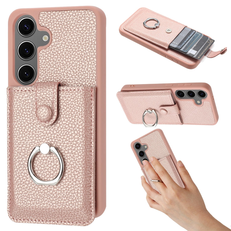 For Samsung Galaxy S25 5G Litchi Texture Drawing Card Bag Ring Holder Phone Case(Rose Gold) - Galaxy S25 5G Cases by buy2fix | Online Shopping UK | buy2fix