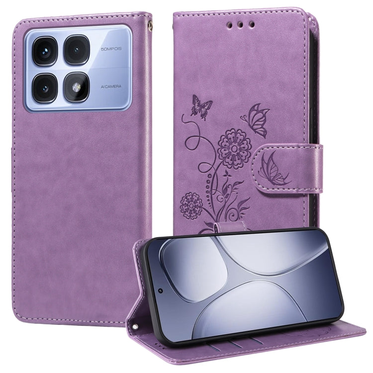 For Redmi K70 Ultra Embossed Butterfly Flowers Leather Phone Case(Purple) - Xiaomi Cases by buy2fix | Online Shopping UK | buy2fix