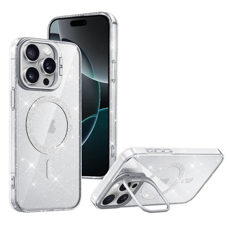 For iPhone 16 Pro Shiny Shield MagSafe Lens Holder Phone Case(Silver) - iPhone 16 Pro Cases by buy2fix | Online Shopping UK | buy2fix