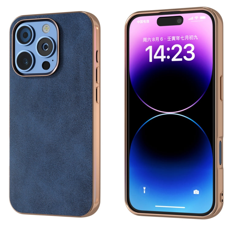 For iPhone 16 Pro Max Nano Electroplating Dual Color Cowhide Texture Protective Phone Case(Blue) - iPhone 16 Pro Max Cases by buy2fix | Online Shopping UK | buy2fix