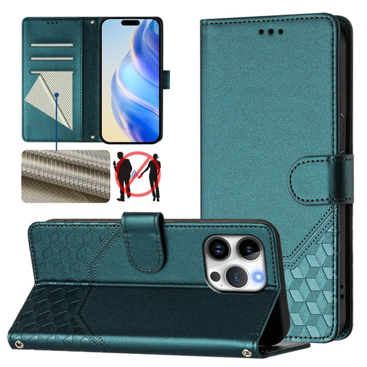 For iPhone 16 Pro Honeycomb Embossing RFID Leather Phone Case(Peacock Green) - iPhone 16 Pro Cases by buy2fix | Online Shopping UK | buy2fix