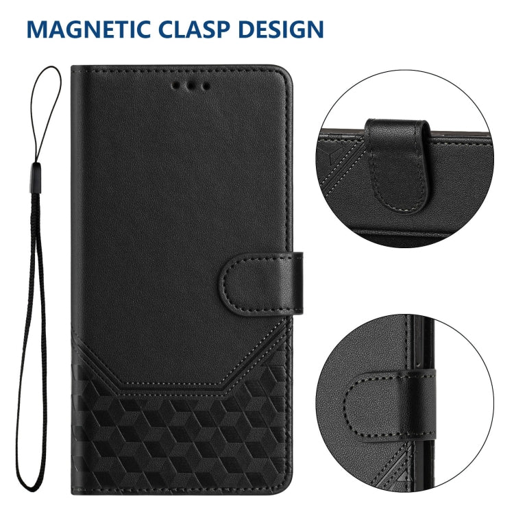 For iPhone 16 Honeycomb Embossing RFID Leather Phone Case(Black) - iPhone 16 Cases by buy2fix | Online Shopping UK | buy2fix