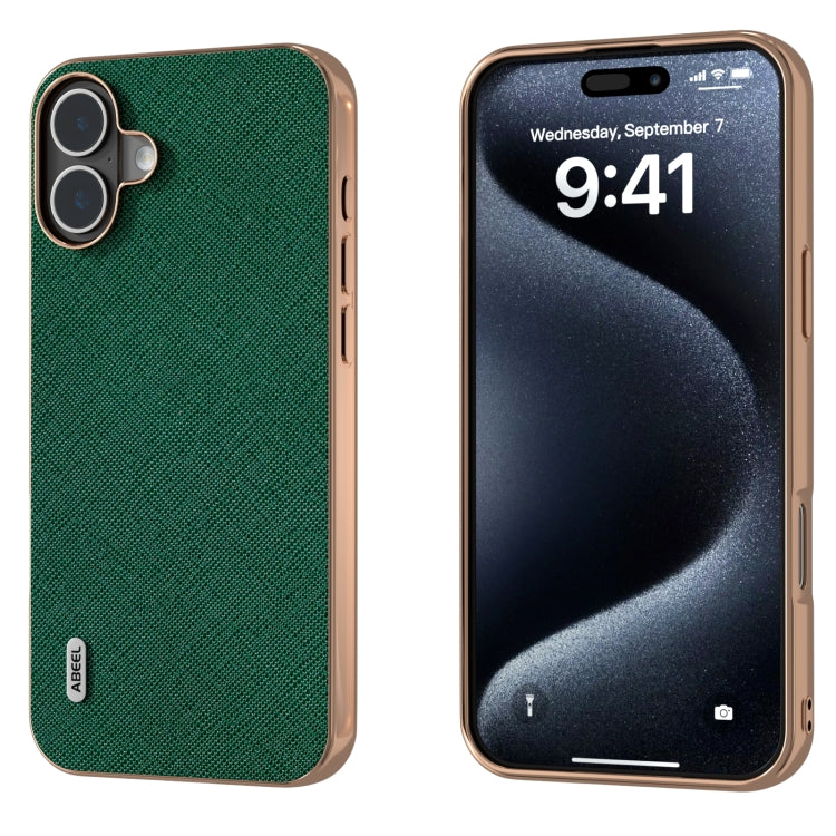 For iPhone 16 ABEEL Electroplating Frame Cross Texture Genuine Leather Phone Case(Green) - iPhone 16 Cases by buy2fix | Online Shopping UK | buy2fix