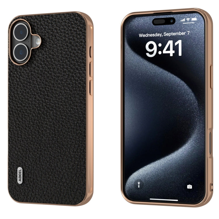 For iPhone 16 Plus ABEEL Electroplating Frame Genuine Leather Litchi Texture Phone Case(Black) - iPhone 16 Plus Cases by buy2fix | Online Shopping UK | buy2fix