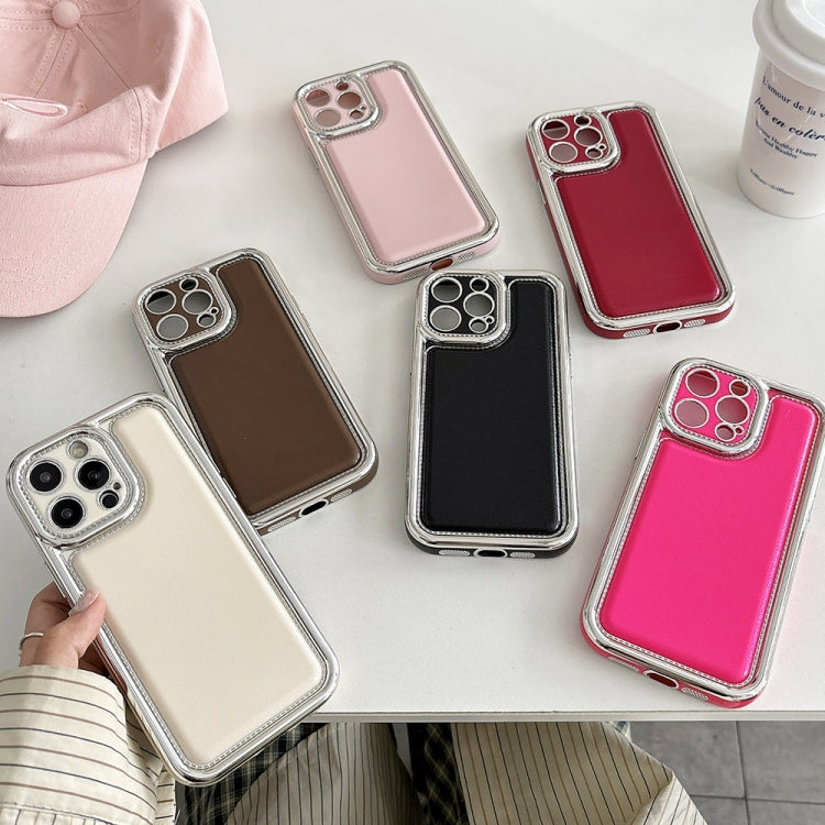 For iPhone 16 Electroplated Edge Frosted Leather TPU Phone Case(Apricot Color) - iPhone 16 Cases by buy2fix | Online Shopping UK | buy2fix