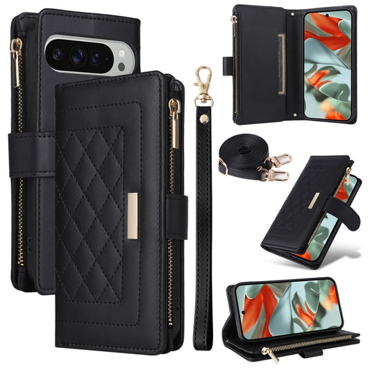 For Google Pixel 9 Pro XL Crossbody Zipper Wallet Rhombus Leather Phone Case(Black) - Google Cases by buy2fix | Online Shopping UK | buy2fix