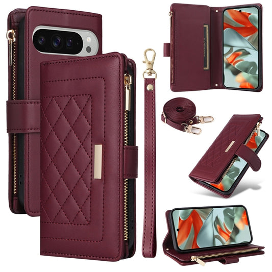 For Google Pixel 9 Pro XL Crossbody Zipper Wallet Rhombus Leather Phone Case(Wine Red) - Google Cases by buy2fix | Online Shopping UK | buy2fix