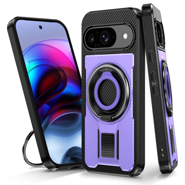 For Google Pixel 9 / 9 Pro Ring Holder Carbon Fiber PC Hybrid TPU Phone Case(Purple) - Google Cases by buy2fix | Online Shopping UK | buy2fix