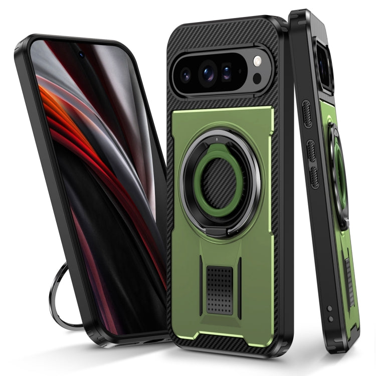 For Google Pixel 9 Pro XL Ring Holder Carbon Fiber PC Hybrid TPU Phone Case(Army Green) - Google Cases by buy2fix | Online Shopping UK | buy2fix