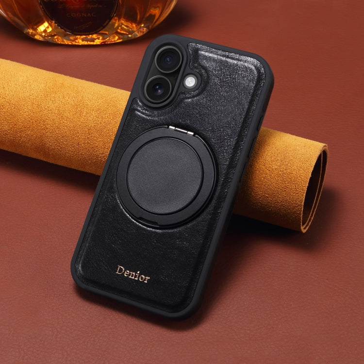 For iPhone 16 Plus Denior A17 Genuine Leather Gear Magnetic Holder Phone Case(Black) - iPhone 16 Plus Cases by Denior | Online Shopping UK | buy2fix