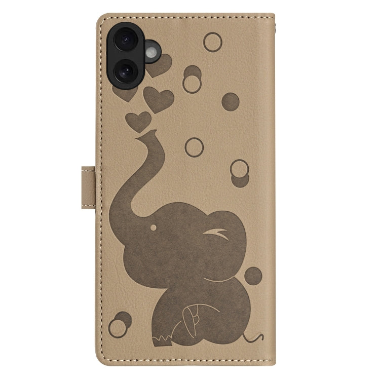 For iPhone 16 Cartoon Elephant Embossed Leather Phone Case(Khaki) - iPhone 16 Cases by buy2fix | Online Shopping UK | buy2fix