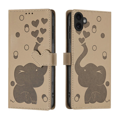 For iPhone 16 Cartoon Elephant Embossed Leather Phone Case(Khaki) - iPhone 16 Cases by buy2fix | Online Shopping UK | buy2fix