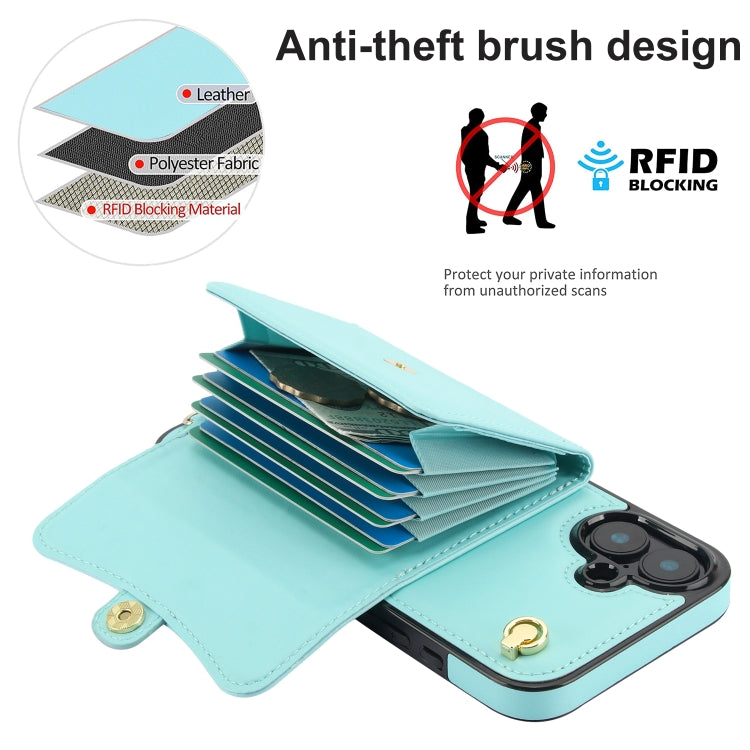 For iPhone 16 Plus RFID Card Slot Phone Case with Long Lanyard(Mint Green) - iPhone 16 Plus Cases by buy2fix | Online Shopping UK | buy2fix