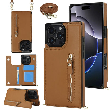 For iPhone 16 Pro Cross-body Zipper Square Phone Case(Brown) - iPhone 16 Pro Cases by buy2fix | Online Shopping UK | buy2fix