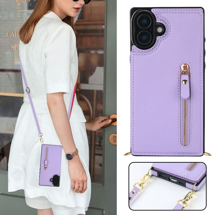 For iPhone 16 Plus Cross-body Zipper Square Phone Case(Purple) - iPhone 16 Plus Cases by buy2fix | Online Shopping UK | buy2fix