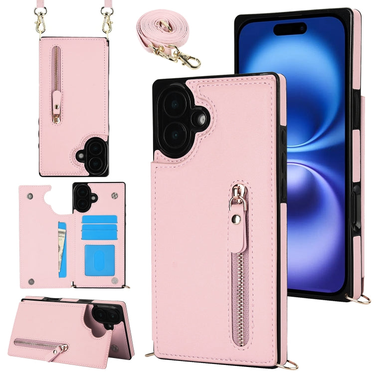 For iPhone 16 Plus Cross-body Zipper Square Phone Case(Pink) - iPhone 16 Plus Cases by buy2fix | Online Shopping UK | buy2fix