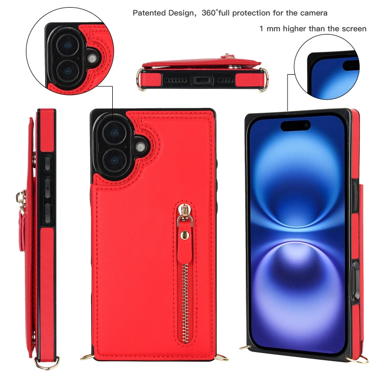 For iPhone 16 Plus Cross-body Zipper Square Phone Case(Red) - iPhone 16 Plus Cases by buy2fix | Online Shopping UK | buy2fix