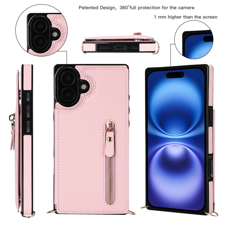 For iPhone 16 Cross-body Zipper Square Phone Case(Pink) - iPhone 16 Cases by buy2fix | Online Shopping UK | buy2fix