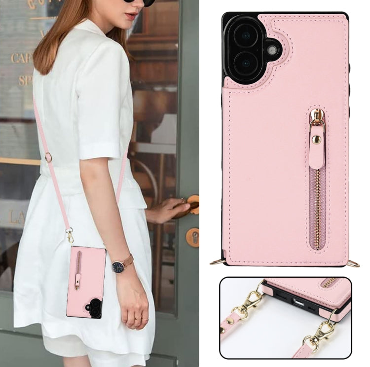 For iPhone 16 Cross-body Zipper Square Phone Case(Pink) - iPhone 16 Cases by buy2fix | Online Shopping UK | buy2fix