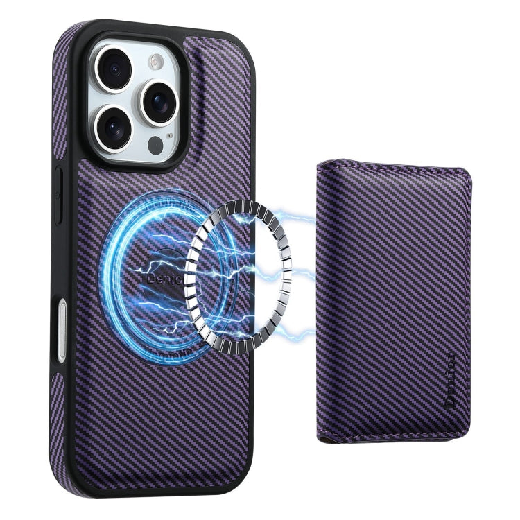 For iPhone 16 Pro Max Denior Carbon Fiber Texture Leather Card Bag MagSafe Phone Case(Purple) - iPhone 16 Pro Max Cases by Denior | Online Shopping UK | buy2fix