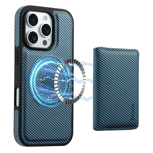 For iPhone 16 Pro Denior Carbon Fiber Texture Leather Card Bag MagSafe Phone Case(Blue) - iPhone 16 Pro Cases by Denior | Online Shopping UK | buy2fix