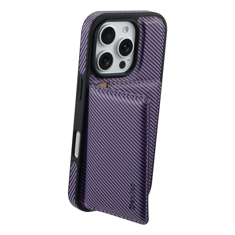 For iPhone 16 Pro Denior Carbon Fiber Texture Leather Card Bag MagSafe Phone Case(Purple) - iPhone 16 Pro Cases by Denior | Online Shopping UK | buy2fix