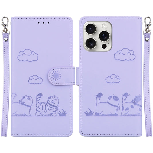 For iPhone 16 Pro Cute Cats RFID Leather Phone Case(Purple) - iPhone 16 Pro Cases by buy2fix | Online Shopping UK | buy2fix