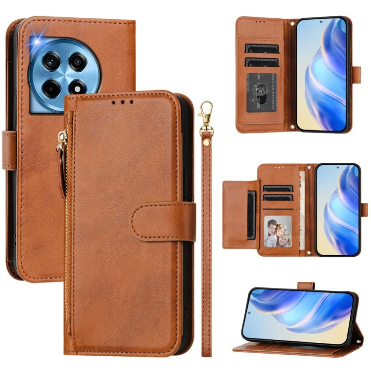 For OnePlus 12 Global Multi-Card Slots Zipper Wallet Leather Phone Case(Brown) - OnePlus Cases by buy2fix | Online Shopping UK | buy2fix